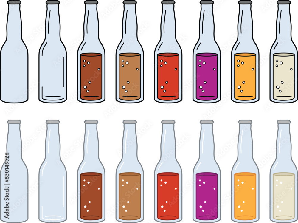 Cartoon Glass Soda Bottle or Carbonated Pop Soft Drink Clipart Set - Brown, Red, Purple, and Orange Colors Cartoon Glass Soda Bottle or Carbonated Pop Soft Drink Clipart Set - Brown, Red, Purple, and Orange Colors