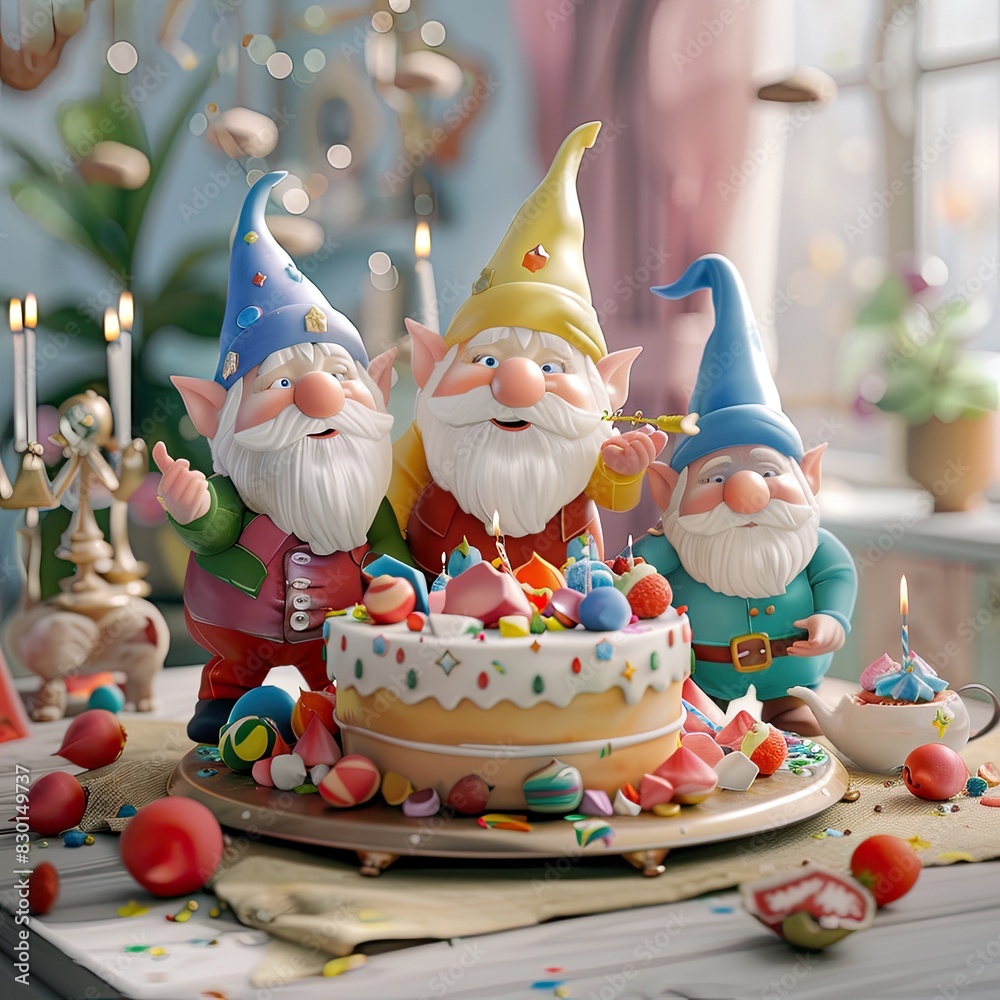 Obraz premium Children's party with funny 3D cartoon gnomes. Illustration for advertising children's parties, confectionery, holiday baking, dessert and holiday events