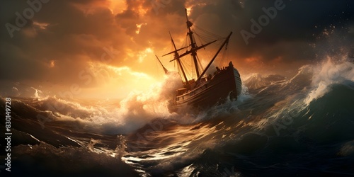 Weathering the storm: A damaged ship finds hope. Concept Adventure, Resilience, Hope, Storm, Ship
