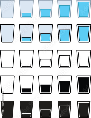 2D Icon Water Drink Gauge Meter or Measurement Chart Clipart - with Different Levels from Empty, Half and Full Glass Clipart Set