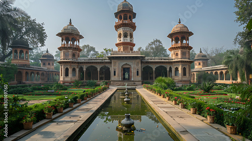 enchanting image of Hiran Minar distinctive tower pavilion surrounded lush green garden Sheikhupura Punjab Mughalera monument built 17th century testament architectural splendor cultural heritage of P photo