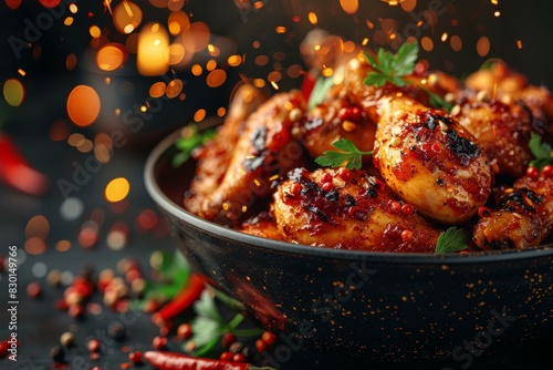Spicy Chicken Wings with Parsley Served in Black Bowl photo