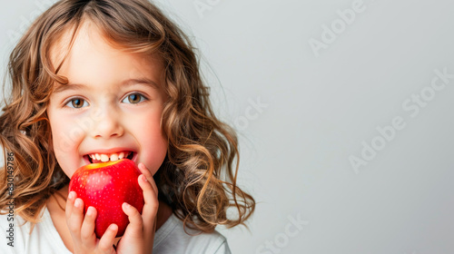cheerful little girl in eating red apple on gray background copy space healthy vegetarian snack food for children photo