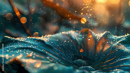 Close-up of a dewy leaf illuminated by golden sunlight, creating a magical, ethereal atmosphere with assorted bokeh lights and water droplets. photo