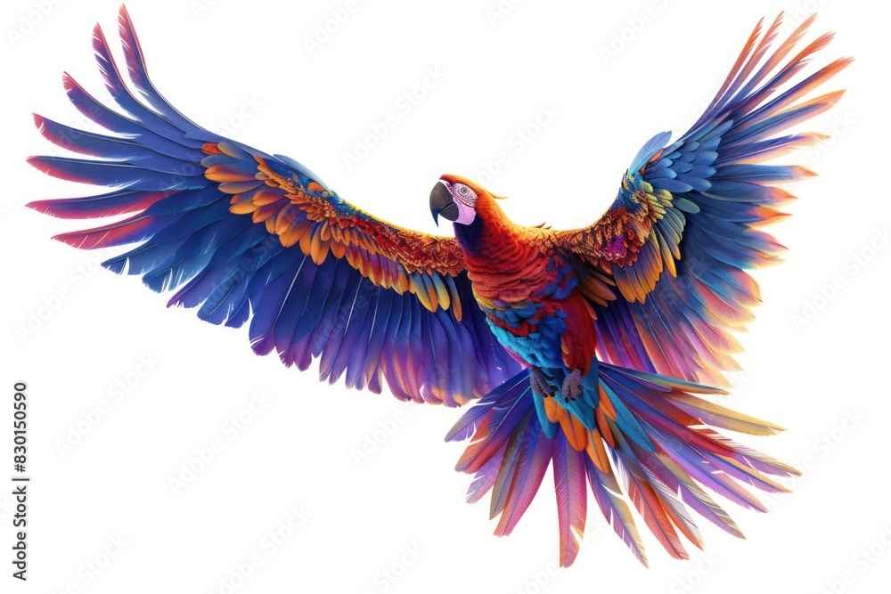 A colorful parrot with a red beak flies through the air. Concept of freedom and joy