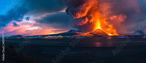 AI Image Generator of Volcanic eruption, smoke and lava flowing near an airport where many planes are parked. photo