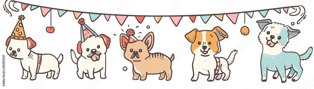 Cute cartoon illustration with five different dog breeds celebrating a party with decorative bunting in the background. Cute cartoon illustration with five different dog breeds celebrating a party with decorative bunting in the background.