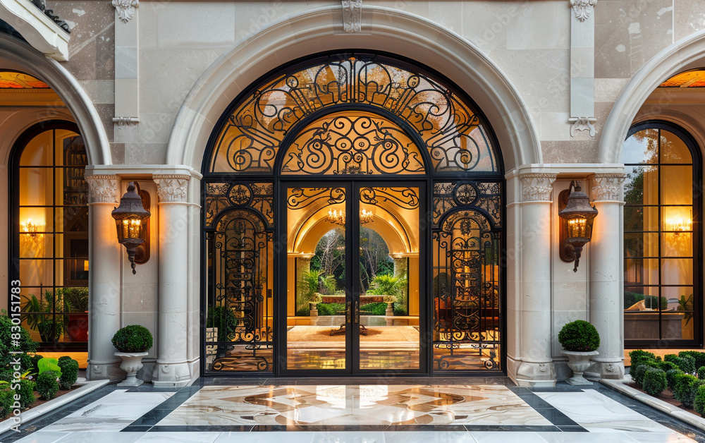 Elegant arched glass door with ornate ironwork detailing, leading to a ...