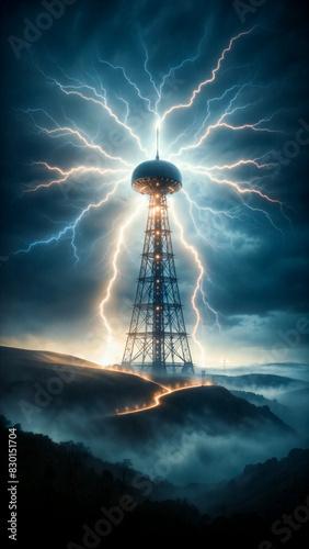 Tesla Tower radiating energy, with lightning streaking across stormy sky, visionary / mad scientist theme. Reimagination of Wardenclyffe Tower for wireless energy transfer.