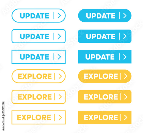 Update and Explore Buttons simple outline style vector. Action Web button with arrow symbol