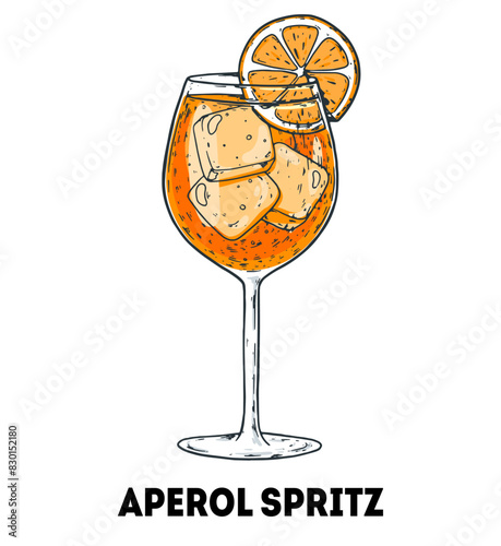 Aperol Spritz cocktail illustration. Hand drawn sketch. Vector illustration. Isolated object.