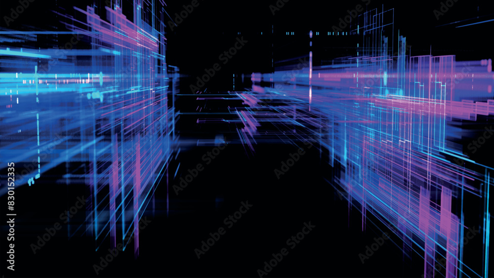 Abstract techno background. Three-dimensional composition of intersecting multi-colored grids. Information technology concept. Digital cyberspace with particles. 3d vector illustration