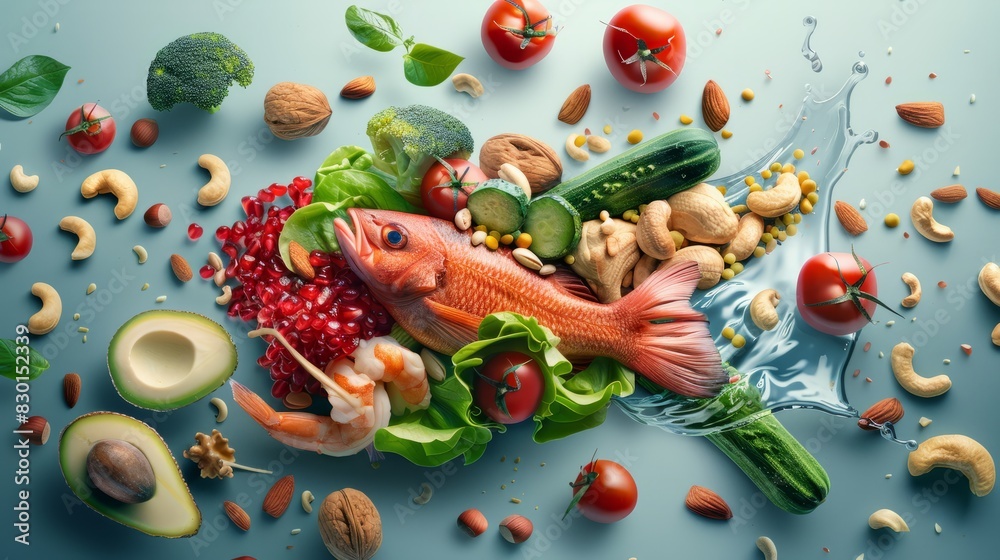 Healthy brain food to boost brainpower nutrition concept as a group of nutritious nuts fish vegetables . AI Generate