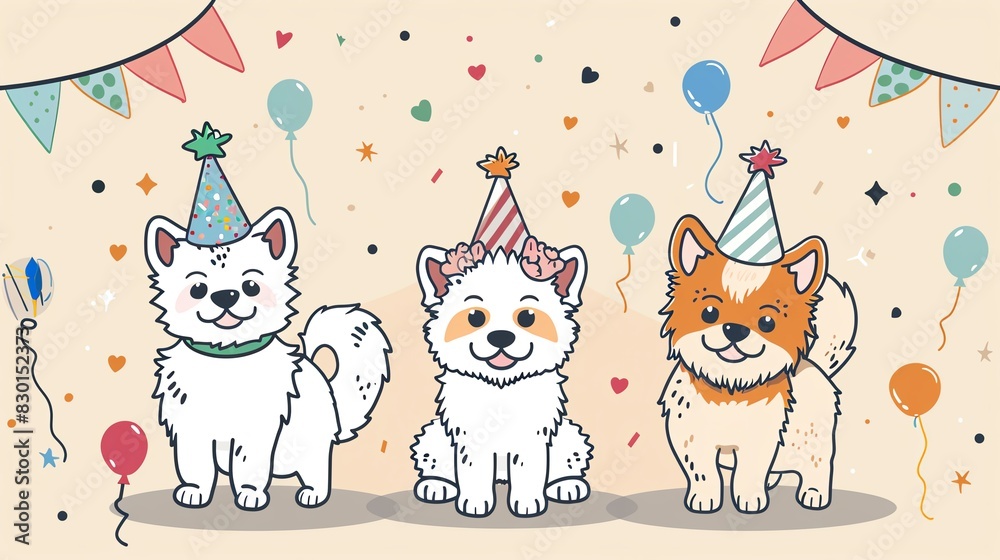 Fototapeta premium Three cute puppies celebrate a party with colorful hats, balloons, and festive decorations. Adorable illustration for kids and pet lovers.