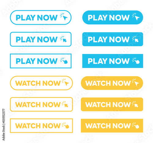 Play Now and Watch Now Web Buttons simple outline style vector. Hand clicking and pointer icon symbol