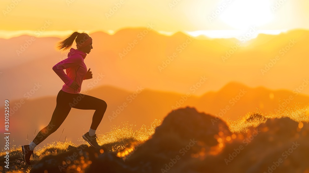 Woman running on mountain trail at sunrise, embracing fitness and nature during an active outdoor workout.