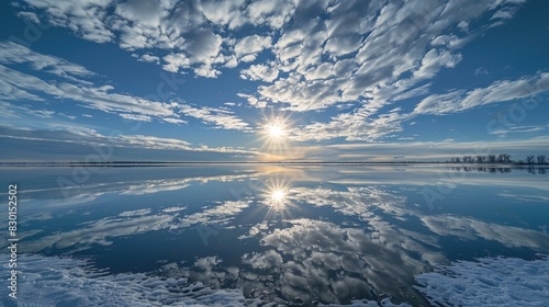 Sun s reflection hidden by clouds creates a serene blue sky