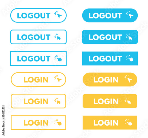 Logout and Login Web Buttons simple outline style vector. Hand clicking and pointer icon symbol