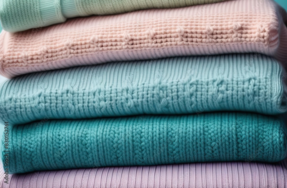 Close Up image of stack of some knitted sweaters. Macrophotography. Autumn and winter clothes. Cozy knitted sweater background.