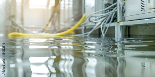 Mopping up flooded electrical room with deep water blurred cables Water damage from snowmelt or burst pipe. Concept Water Damage Restoration, Flooded Electrical Room, Snowmelt Disaster