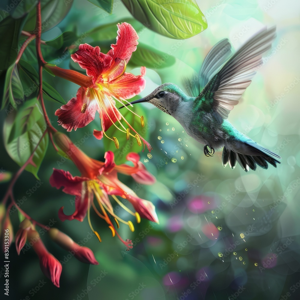 Naklejka premium Hummingbird flying to pick up nectar from a beautiful flower. Digital artwork Job ID: b98e1ed9-623d-4e7a-a880-dd84496c7a72