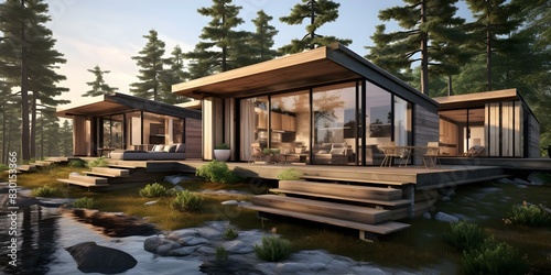 3D renderings of modern sustainable tiny homes with rustic cozy designs. Concept Tiny Homes, Sustainable Design, 3D Renderings, Cozy Interiors, Modern Architecture © Anastasiia