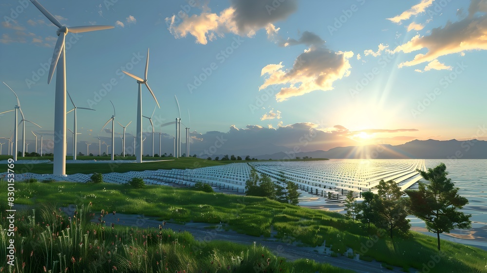 Renewable Energy Landscape Harnessing Nature s Power for a Sustainable Future This stunning 3D rendered image depicts a picturesque scene of wind turbines set against a breathtaking sunset over a Renewable Energy Landscape Harnessing Nature s Power for a Sustainable Future This stunning 3D rendered image depicts a picturesque scene of wind turbines set against a breathtaking sunset over a