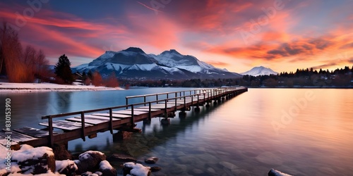Winter Sunset at Lake Annecy in Haute-Savoie, France: A Scenic View of the French Alps. Concept Landscape Photography, Winter Sunset, Lake Annecy, Haute-Savoie, French Alps
