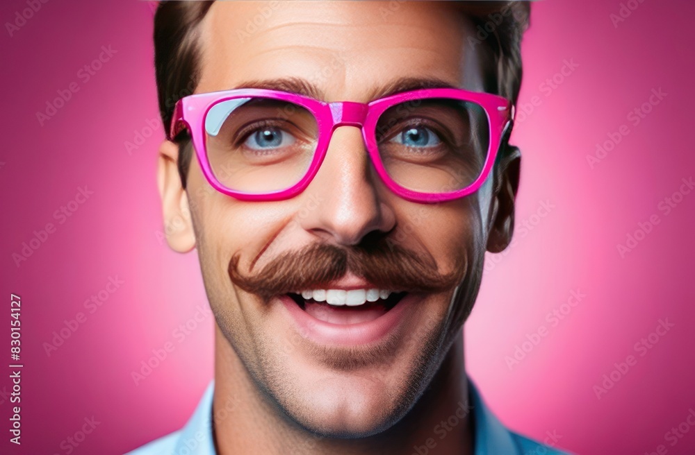 Ecstatic happy man with mustache and wearing pink eye glasses.