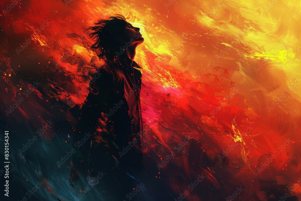 The image portrays an abstract digital artwork with a human silhouette against a backdrop of fiery colors and dynamic brush strokes The image portrays an abstract digital artwork with a human silhouette against a backdrop of fiery colors and dynamic brush strokes