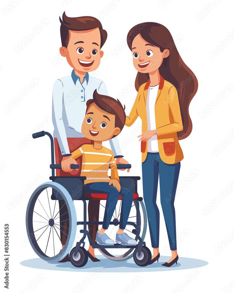 retro cartoon illustration of a family with their disabled son in a wheelchair representing concepts like disability, invalidity, inclusion, together, help, helping, caring retro cartoon illustration of a family with their disabled son in a wheelchair representing concepts like disability, invalidity, inclusion, together, help, helping, caring