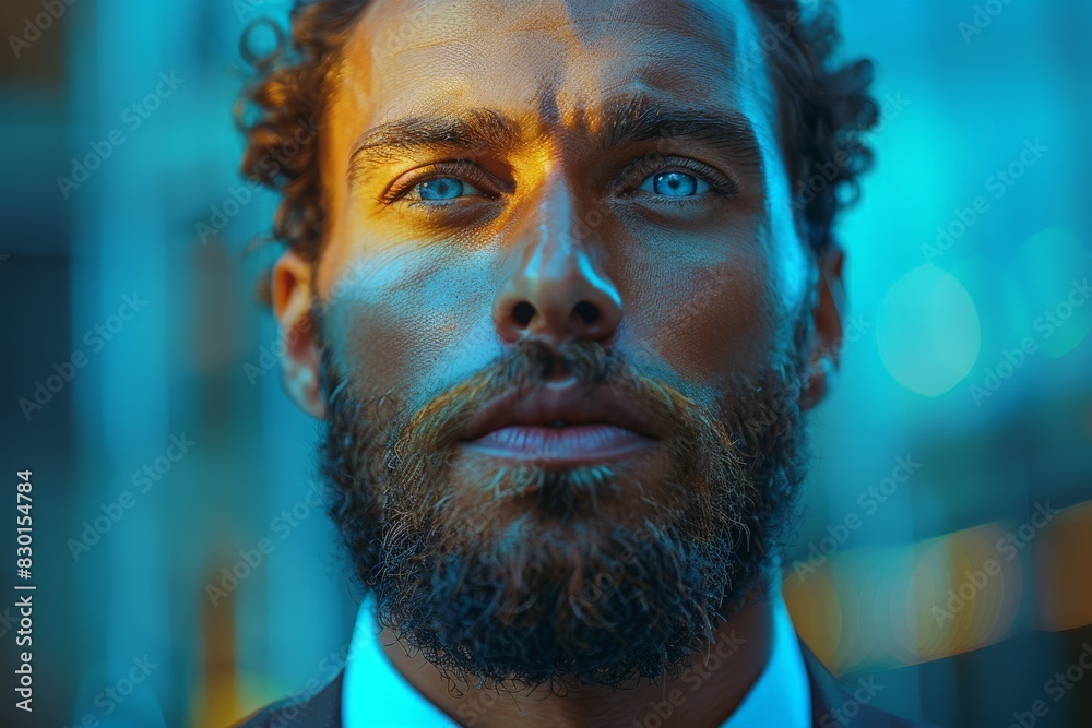 A cinematic portrait of a man in a suit with an intense stare illuminated in neon colors A cinematic portrait of a man in a suit with an intense stare illuminated in neon colors