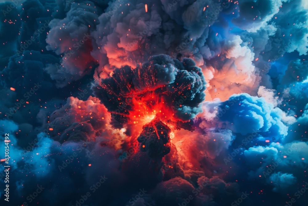 Fototapeta premium Nuclear blast in red and blue: mobile wallpaper with explosive illustration