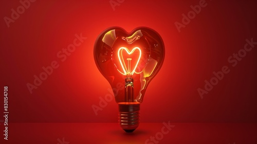 Light bulb with a heart shape glowing filament on a red background, Valentine day concept