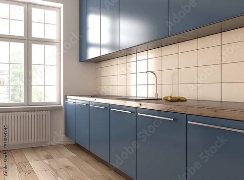 A minimalistic beige and blue kitchen interior with white tiles on the wall, wood floor, window, dark brown cabinets near the island counter with sink, side view, in the style of a mockup