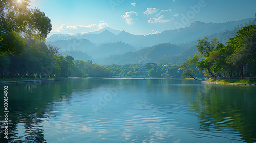 enchanting image of Rawal Lake calm water reflecting scenic beauty of Margalla Hills Islamabad lake s serene surroundings lush greenery make popular destination boating picnicking outdoor recreation c