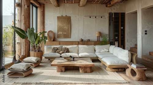 Minimalist living room celebrates the beauty of raw materials. Reclaimed wood furniture and organic fabrics combine for a functional and stylish space that prioritizes sustainability