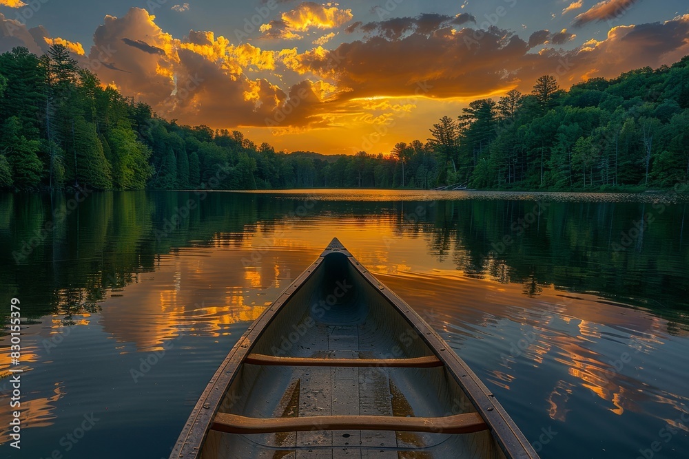 A canoe is floating on a lake at sunset A canoe is floating on a lake at sunset