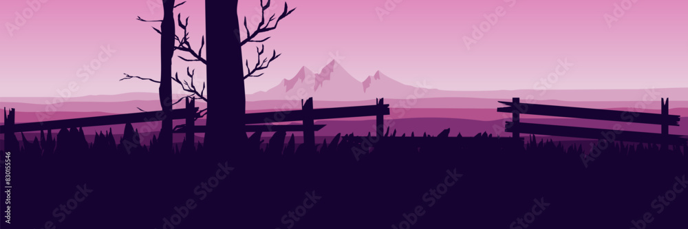 sunset in the mountains silhouette flat design vector illustration for background, banner, backdrop, tourism design, advertising and business