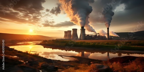 The significant impact of fossil power plants on climate change and global warming. Concept Fossil Fuel Emissions, Climate Change Effects, Global Warming Impacts, Greenhouse Gas Pollution photo