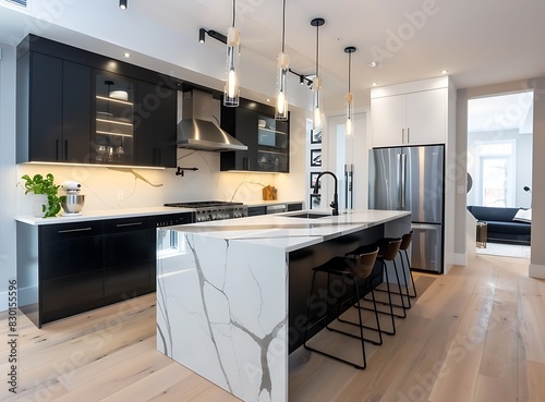 A modern kitchen with black and white cabinets, an island in the center with a marble counter top, three bar stools, stainless steel appliances, natural wood floor, bright lighting, minimalistic style