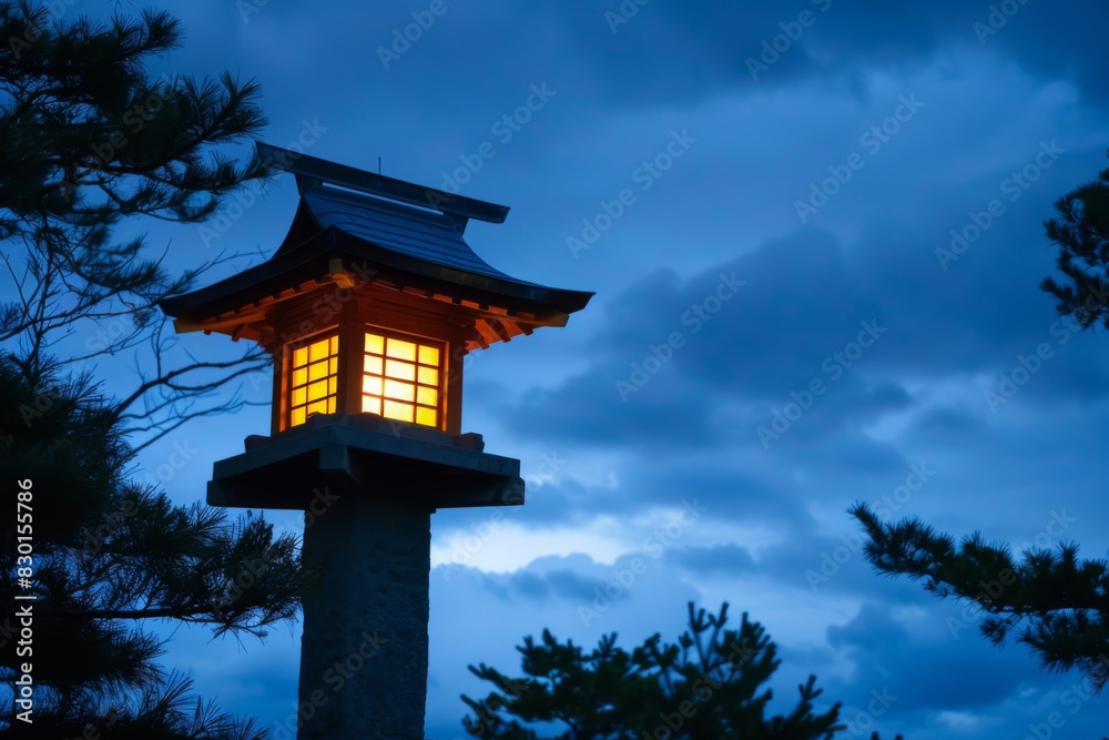 Fototapeta premium Close-up of illuminated lantern glowing at dusk - warmth - illumination - peaceful night