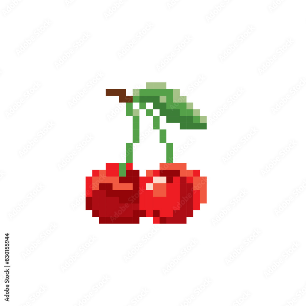 Fototapeta premium Cherry cute pixel art icon. Funny berry isolated vector illustration. 8-bit. Design stickers, logo, app, embroidery.