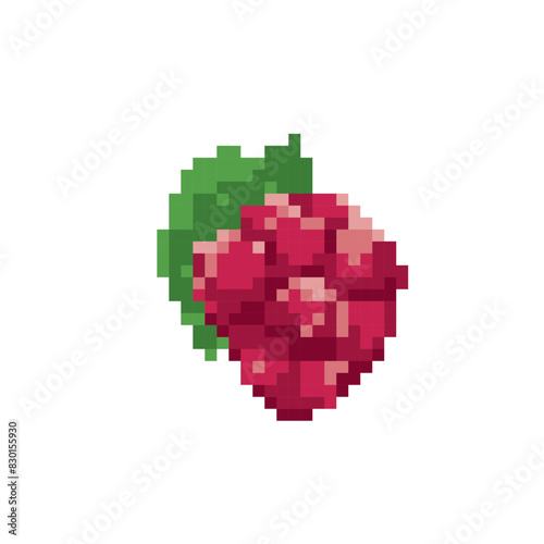 raspberry cute pixel art icon. Funny berry isolated vector illustration. 8-bit. Design stickers, logo, app, embroidery.