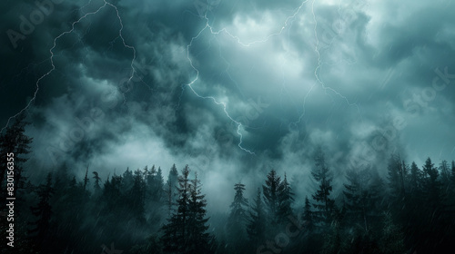 A photographic style of a sky environment, stormy sky with dark, dramatic clouds and lightning bolts, over a dense forest. The forest is barely visible through the rain. High tension atmosphere. photo