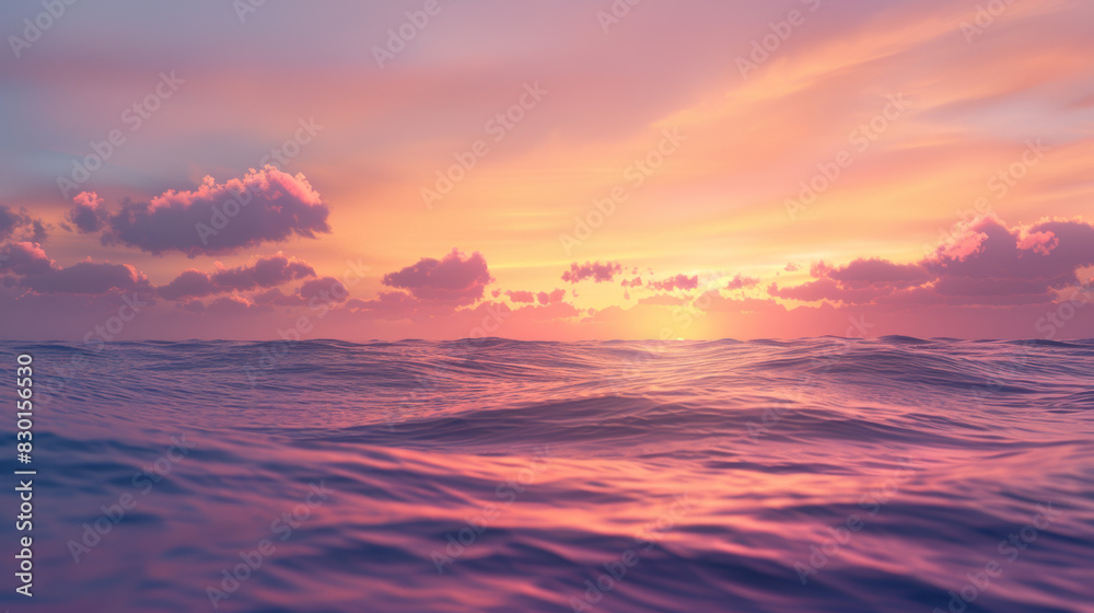 Fototapeta premium A photographic style of a sky and sea environment, vibrant sunset over a calm ocean, with a mix of orange, pink, and purple hues in the sky. Gentle waves reflecting the sunset colors. A few scattered