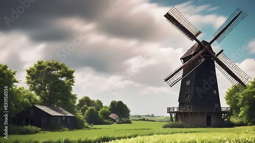 Old windmill in cloudy weather of a beautiful plain
