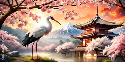 japanese temple in spring Japanese style, heron on black white red background, with maple leaves, collage, greeting card, for glider, banner, sakura branches, beautiful collage, wallpaper, background photo