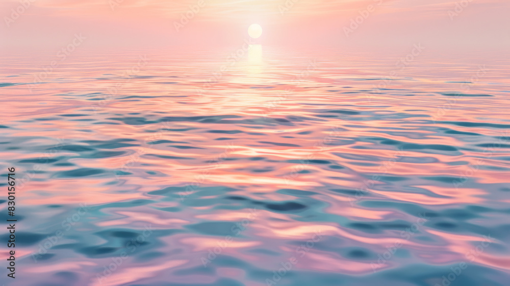 Fototapeta premium A photographic style of a sky and sea environment, dawn sky with pastel colors and a rising sun over a tranquil sea. The water is calm with gentle ripples, and the light is soft and warm. The