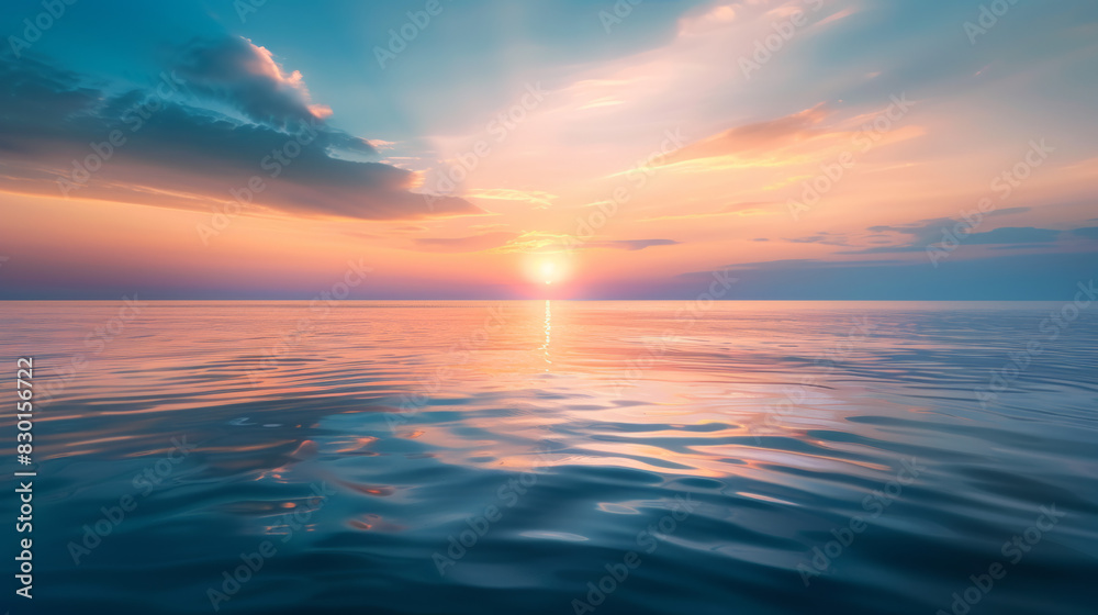 Obraz premium A photographic style of a sky and sea environment, dawn sky with pastel colors and a rising sun over a tranquil sea. The water is calm with gentle ripples, and the light is soft and warm. The